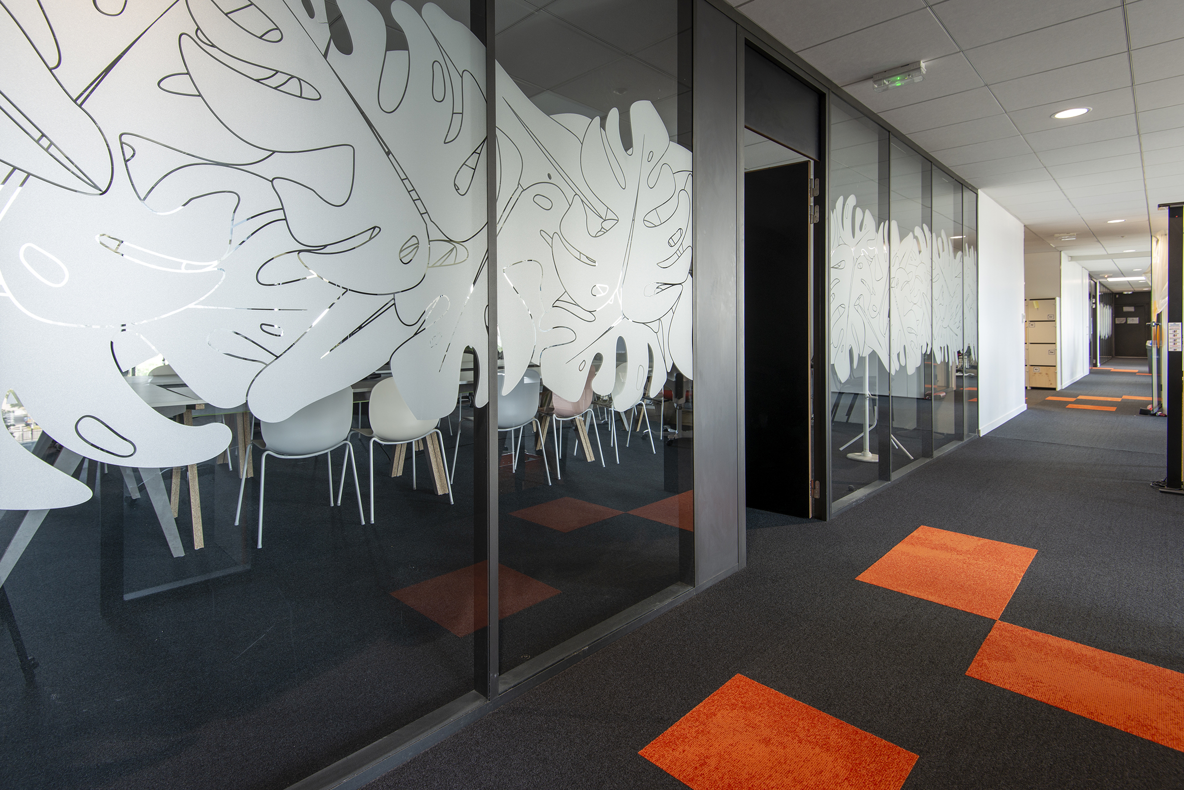 couloir avec vitres décorée
